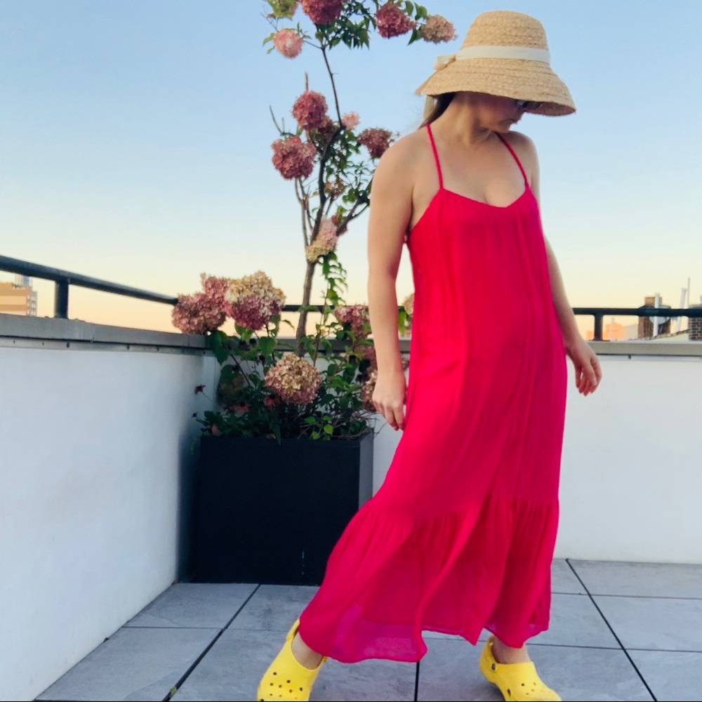 Zara  Fuchsia RIBBED DRESS VOLUMINOUS DRESS WITH BRAIDED STRAPS